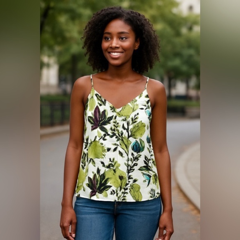 Babaton Women's Olive Aritzia Floral Print Adjustable Spaghetti Strap Top M #770